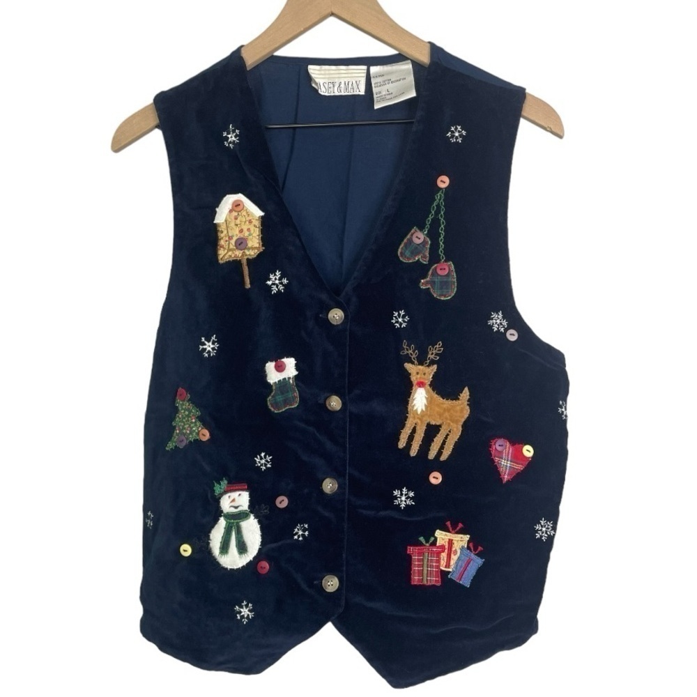 Vintage Casey & Max Christmas Button Front Navy Blue Vest
